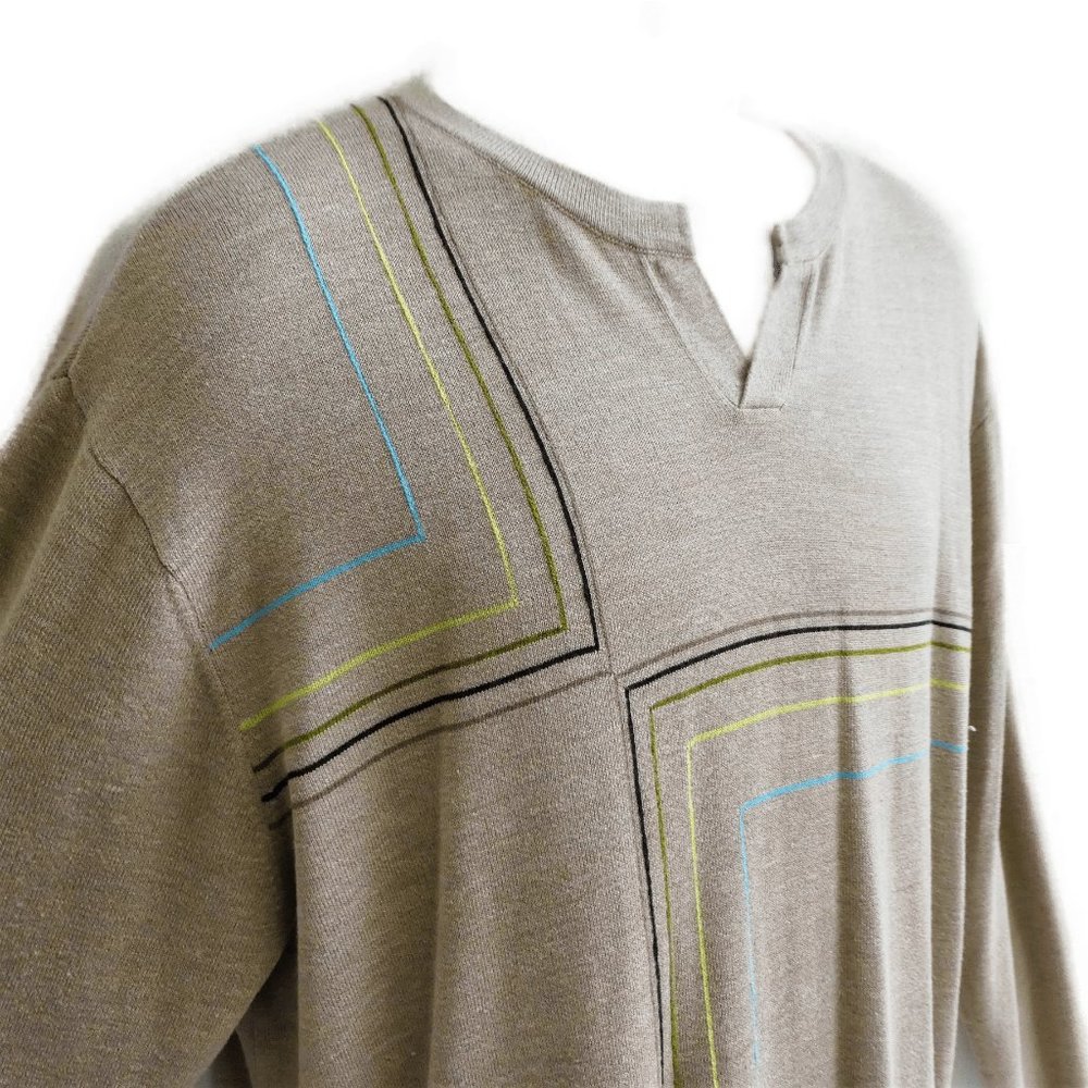 Claiborne Rockabilly Beige Sweater Geometric Silk Cotton Knit Split V Neck XL